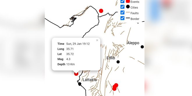 هزة أرضية بقوة 4.3 درجات على مقياس ريختر قبالة الساحل السوري