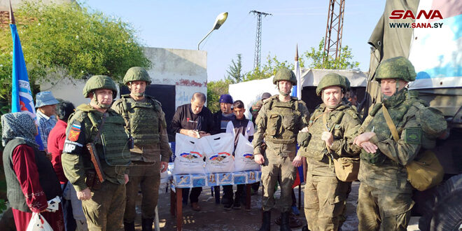 Russian Coordination Center distributes humanitarian aid in Sindiyana village, Lattakia countryside