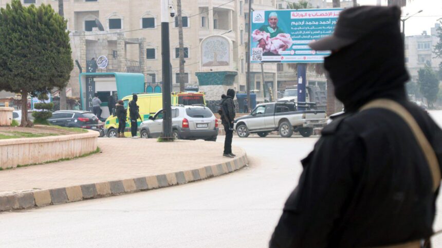 Public security forces deploy in Sabaa Bahrat Square in Idleb city to secure victory celebrations