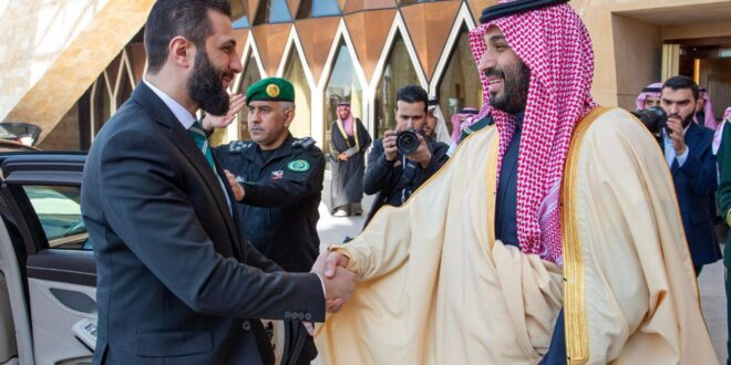 Saudi Crown Prince Mohammed bin Salman receives President of the Syrian Arab Republic, Ahmad al-Sharaa and his accompanying delegation upon his arrival at Al-Yamamah Palace in the Saudi capital, Riyadh.