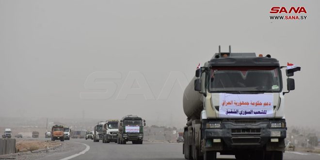 یک منبع عراقی به سانا: مقادیری سوخت و مواد غذایی به سوریه ارسال شد