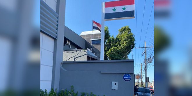 Поднятие сирийского флага в небе города Кампу-Гранде в Бразилии